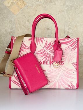 Michael Kors Mirella MD Tote Satchel Shoulder Bag + Wallet Pink Plam